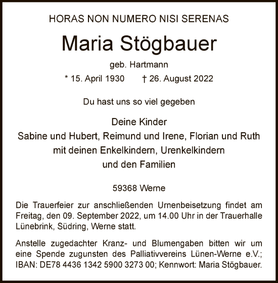 Todesanzeige von Maria Stögbauer von WA