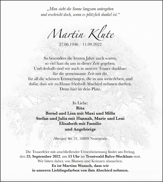 Todesanzeige von Martin Klute von WA