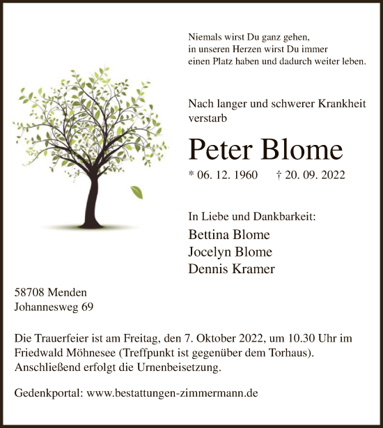 Todesanzeige von Peter Blome von WA