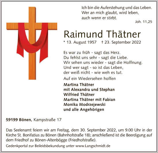Todesanzeige von Raimund Thätner von WA