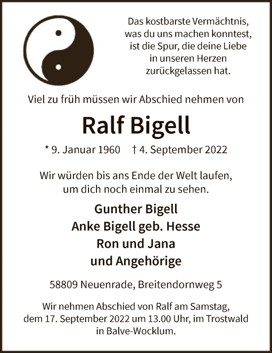 Todesanzeige von Ralf Bigell von WA