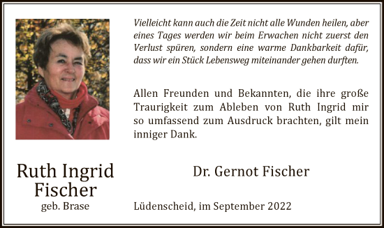 Todesanzeige von Ruth Ingrid Fischer von WA