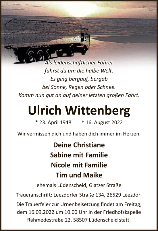 Todesanzeige von Ulrich Wittenberg von WA
