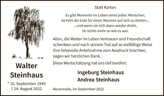 Todesanzeige von Walter Steinhaus von WA