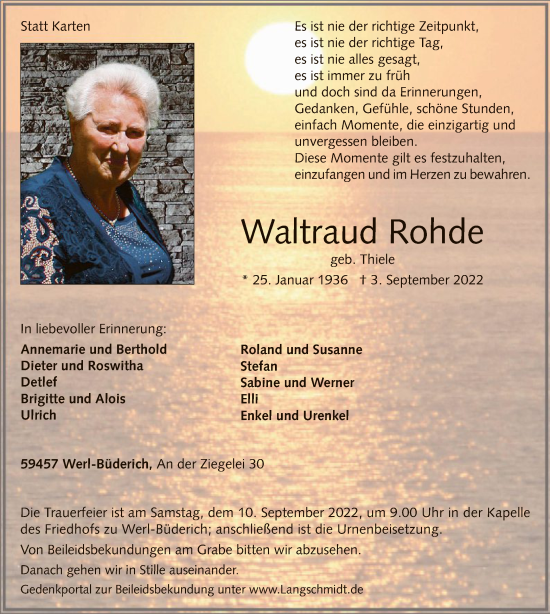 Todesanzeige von Waltraud Rohde von WA