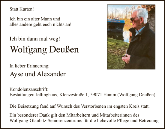 Todesanzeige von Wolfgang Deußen von WA