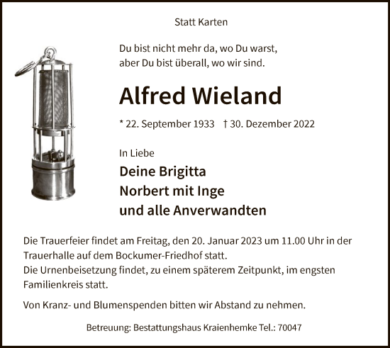 Todesanzeige von Alfred Wieland von WA