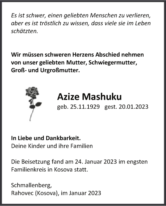 Todesanzeige von Azize Mashuku von WA
