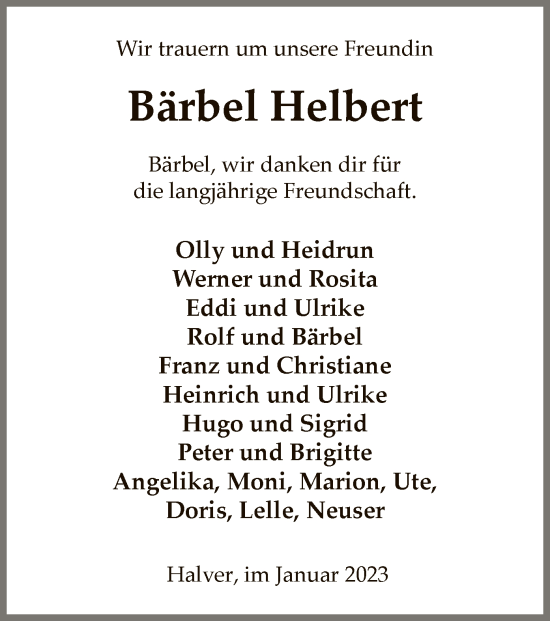 Todesanzeige von Bärbel Helbert von WA