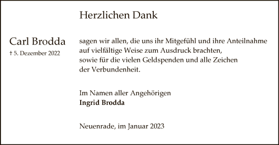 Todesanzeige von Carl Brodda von WA