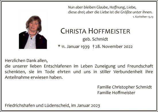 Todesanzeige von Christa Hoffmeister von WA