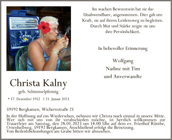 Todesanzeige von Christa Kalny von WA