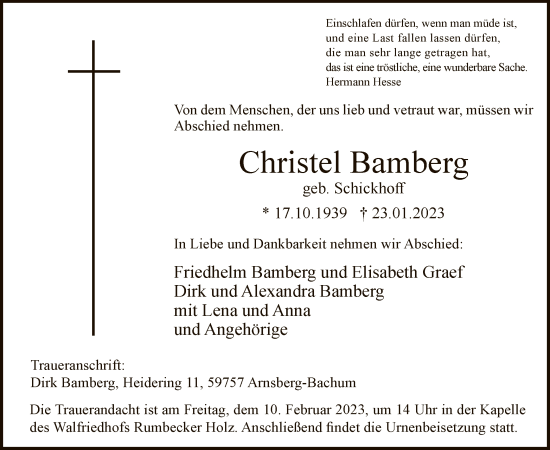 Todesanzeige von Christel Bamberg von WA