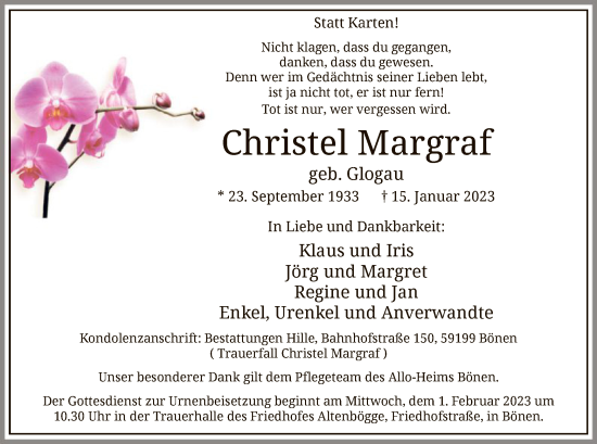 Todesanzeige von Christel Margraf von WA