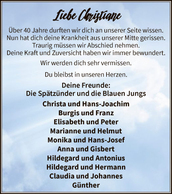 Todesanzeige von Christiane  von WA