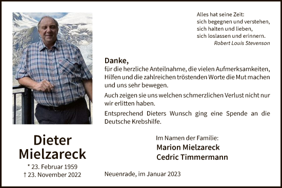 Todesanzeige von Dieter Mielzareck von WA