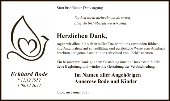 Todesanzeige von Eckhard Bode von WA