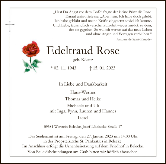 Todesanzeige von Edeltraud Rose von WA