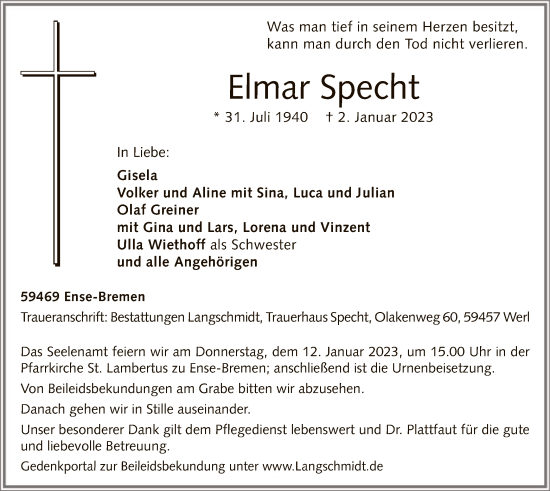 Todesanzeige von Elmar Specht von WA