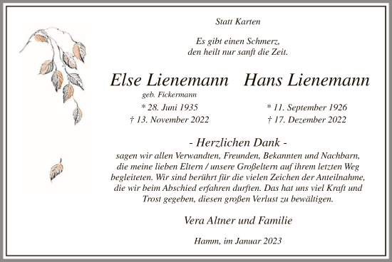 Todesanzeige von Else und Hans Lienemann von WA