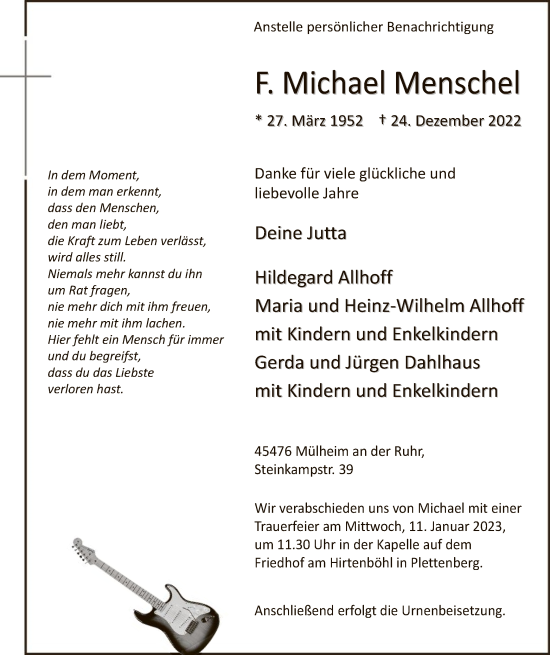 Todesanzeige von F. Michael Menschel von WA