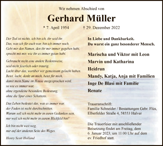 Todesanzeige von Gerhard Müller von WA