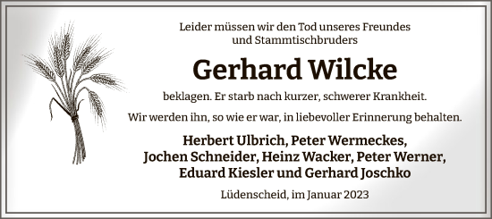 Todesanzeige von Gerhard Wilcke von WA