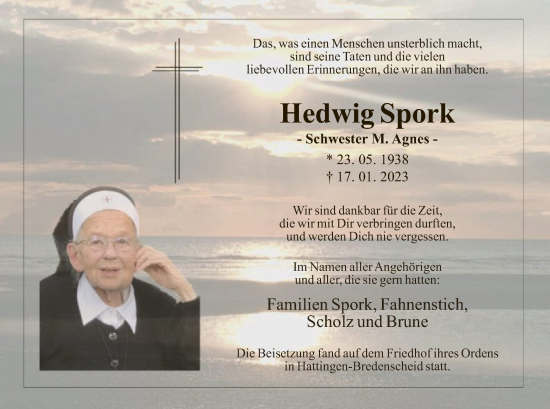 Todesanzeige von Hedwig Spork von WA