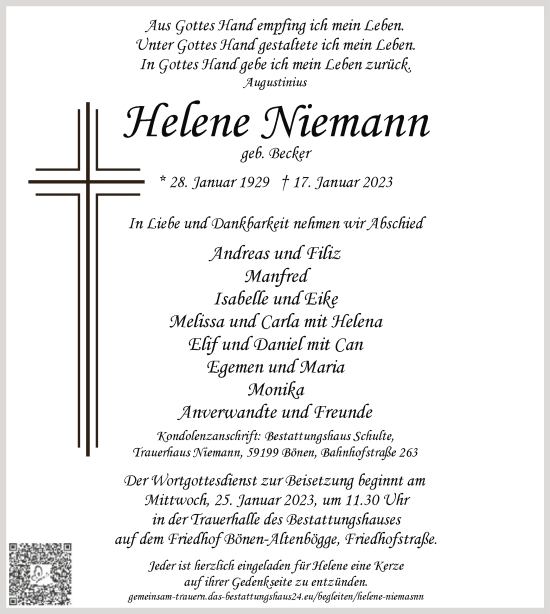 Todesanzeige von Helene Niemann von WA