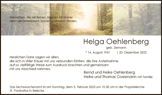 Todesanzeige von Helga Oehlenberg von WA