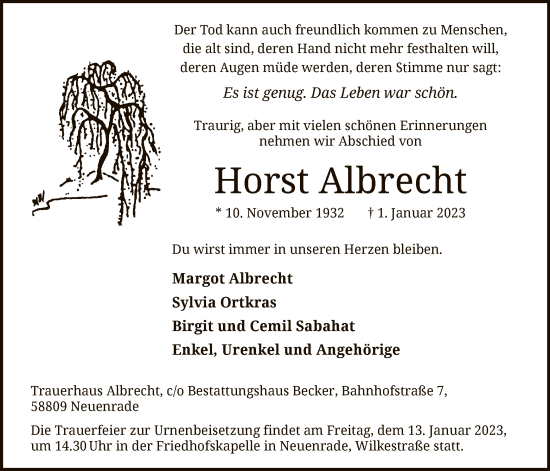 Todesanzeige von Horst Albrecht von WA