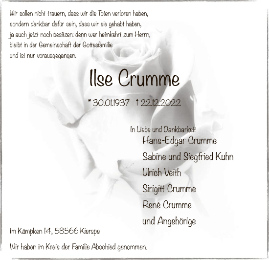 Todesanzeige von Ilse Crumme von WA