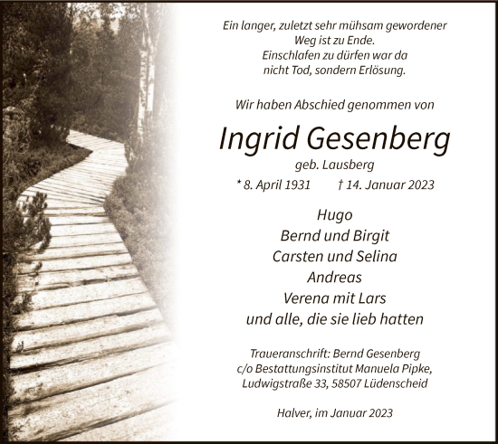 Todesanzeige von Ingrid Gesenberg von WA
