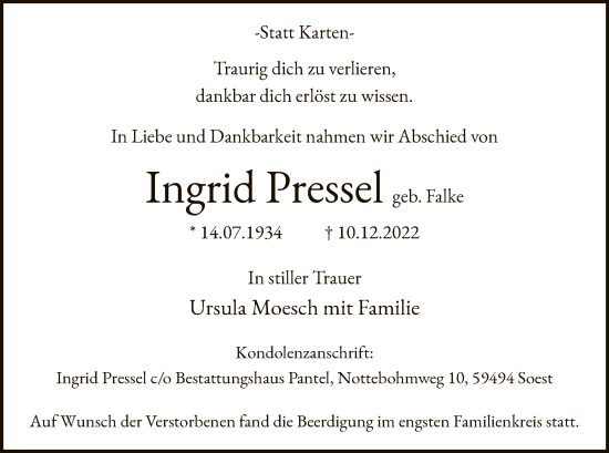 Todesanzeige von Ingrid Pressel von WA