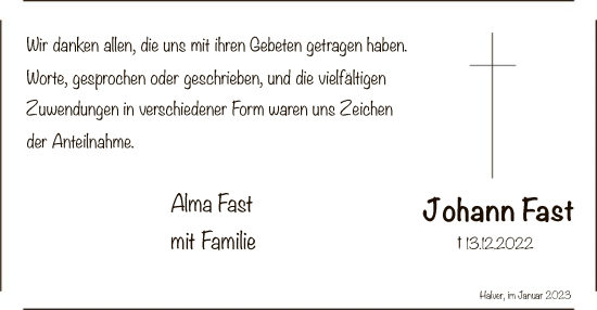 Todesanzeige von Johann Fast von WA