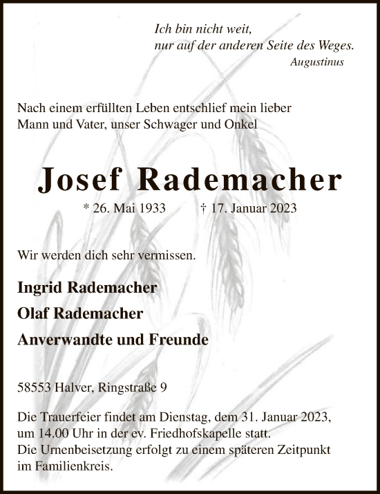 Todesanzeige von Josef Rademacher von WA