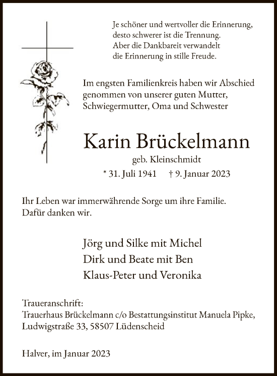 Todesanzeige von Karin Brückelmann von WA