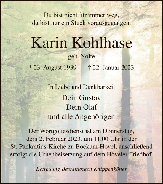 Todesanzeige von Karin Kohlhase von WA