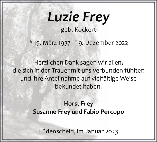 Todesanzeige von Luzie Frey von WA