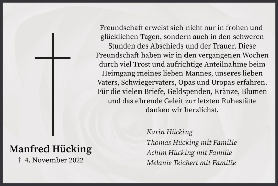 Todesanzeige von Manfred Hücking von WA