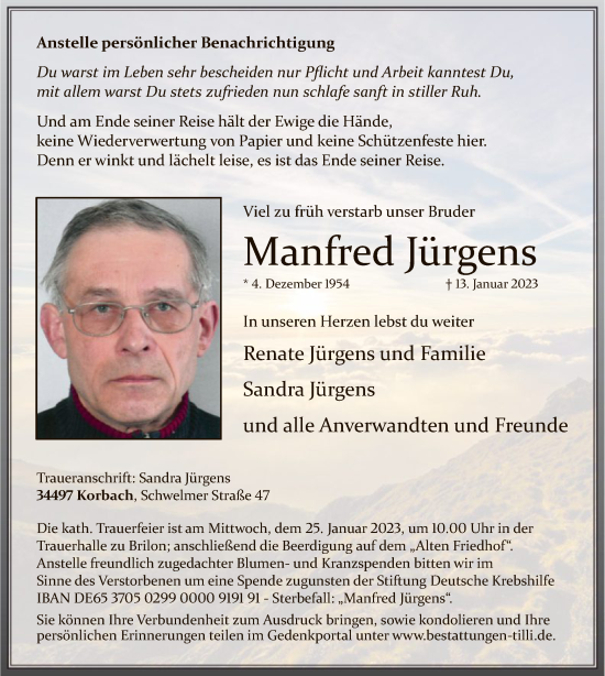 Todesanzeige von Manfred Jürgens von WA