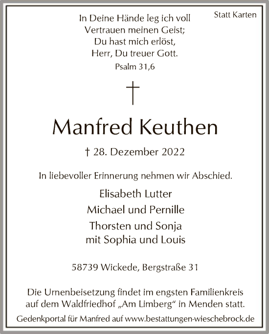 Todesanzeige von Manfred Keuthen von WA
