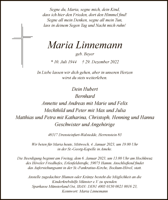 Todesanzeige von Maria Linnemann von WA