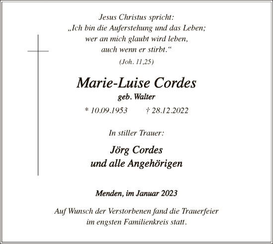 Todesanzeige von Marie-Luise Cordes von WA