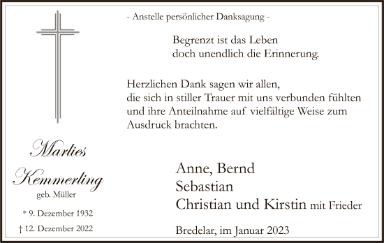 Todesanzeige von Marlies Kemmerling von WA