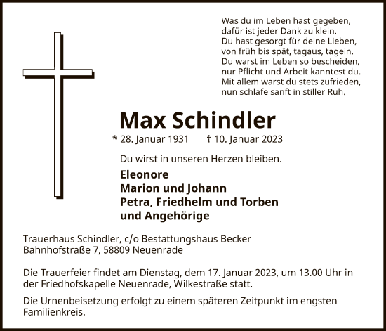 Todesanzeige von Max Schindler von WA