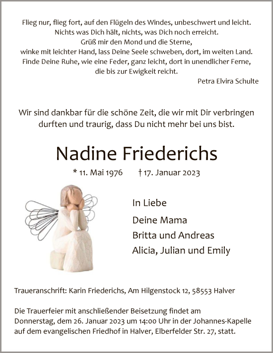 Todesanzeige von Nadine Friederichs von WA