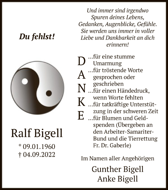 Todesanzeige von Ralf Bigell von WA