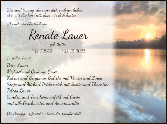 Todesanzeige von Renate Lauer von WA