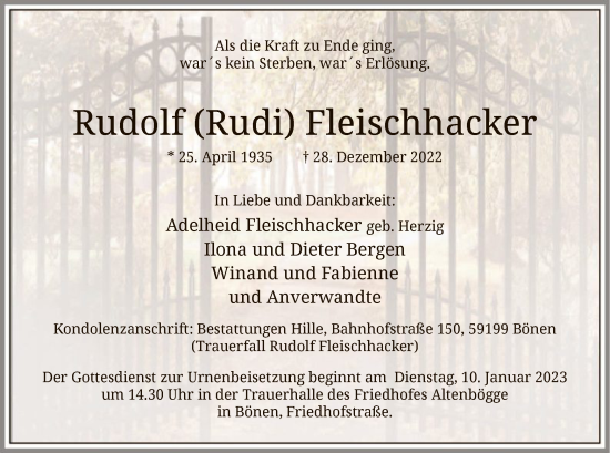 Todesanzeige von Rudolf Fleischhacker von WA